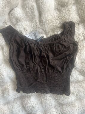 Brandy Melville Dark Brown Off-the-Shoulder Smocked Cropped Top